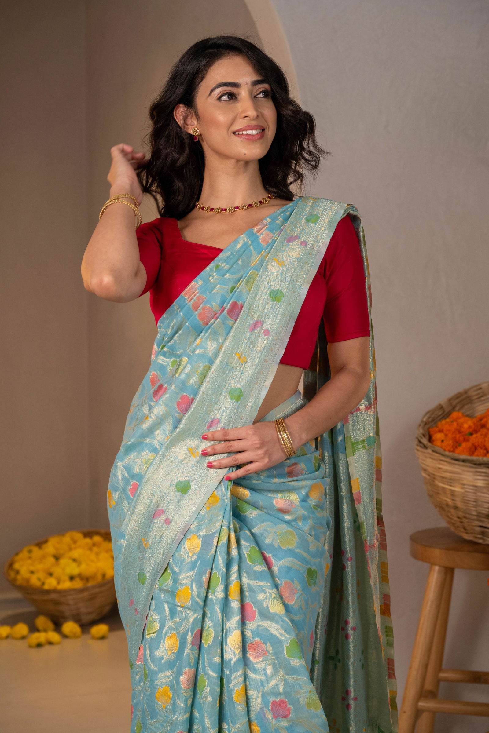 Phoolwari Pastel Silk Saree - Keya Studio