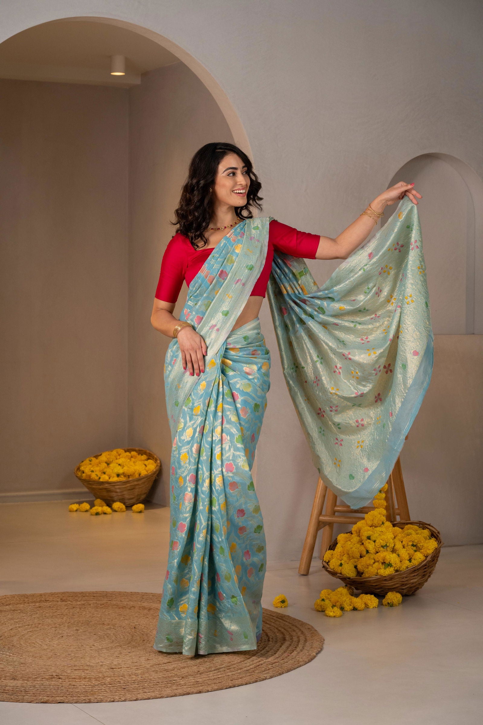 Phoolwari Pastel Silk Saree - Keya Studio